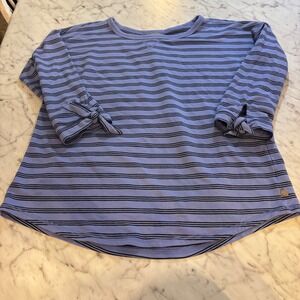 Talbots Striped Tie Sleeve Knit Top Blue Black Crew Neck Curved Hem Medium
